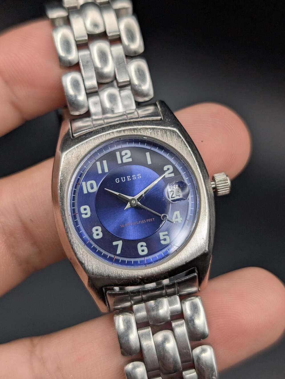 Vintage Guess Waterpro Blue Sunburst Dial Quartz Ladies Watch, Stainless Bracele